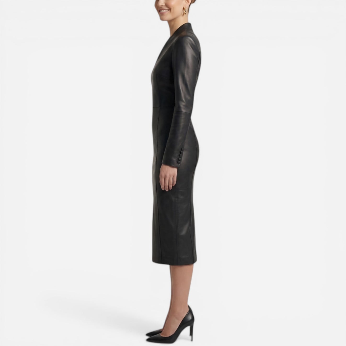 Robe Midi Femme Ajustée Effet Cuir, Col V, Manches Longues