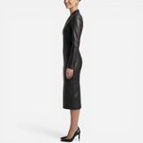 Robe Midi Femme Ajustée Effet Cuir, Col V, Manches Longues