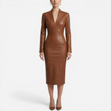 Robe Midi Femme Ajustée Effet Cuir, Col V, Manches Longues