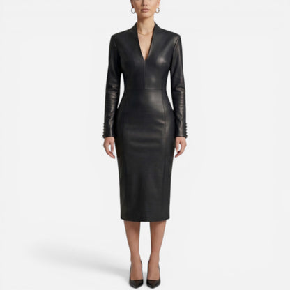 Robe Midi Femme Ajustée Effet Cuir, Col V, Manches Longues