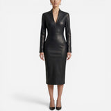 Robe Midi Femme Ajustée Effet Cuir, Col V, Manches Longues