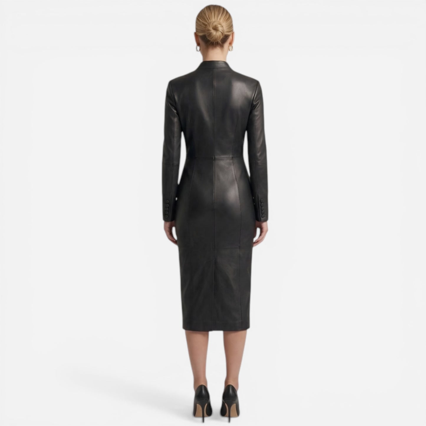Robe Midi Femme Ajustée Effet Cuir, Col V, Manches Longues