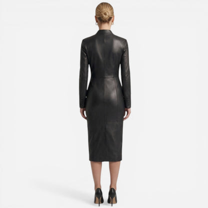 Robe Midi Femme Ajustée Effet Cuir, Col V, Manches Longues