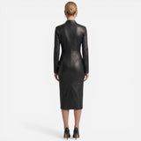 Robe Midi Femme Ajustée Effet Cuir, Col V, Manches Longues