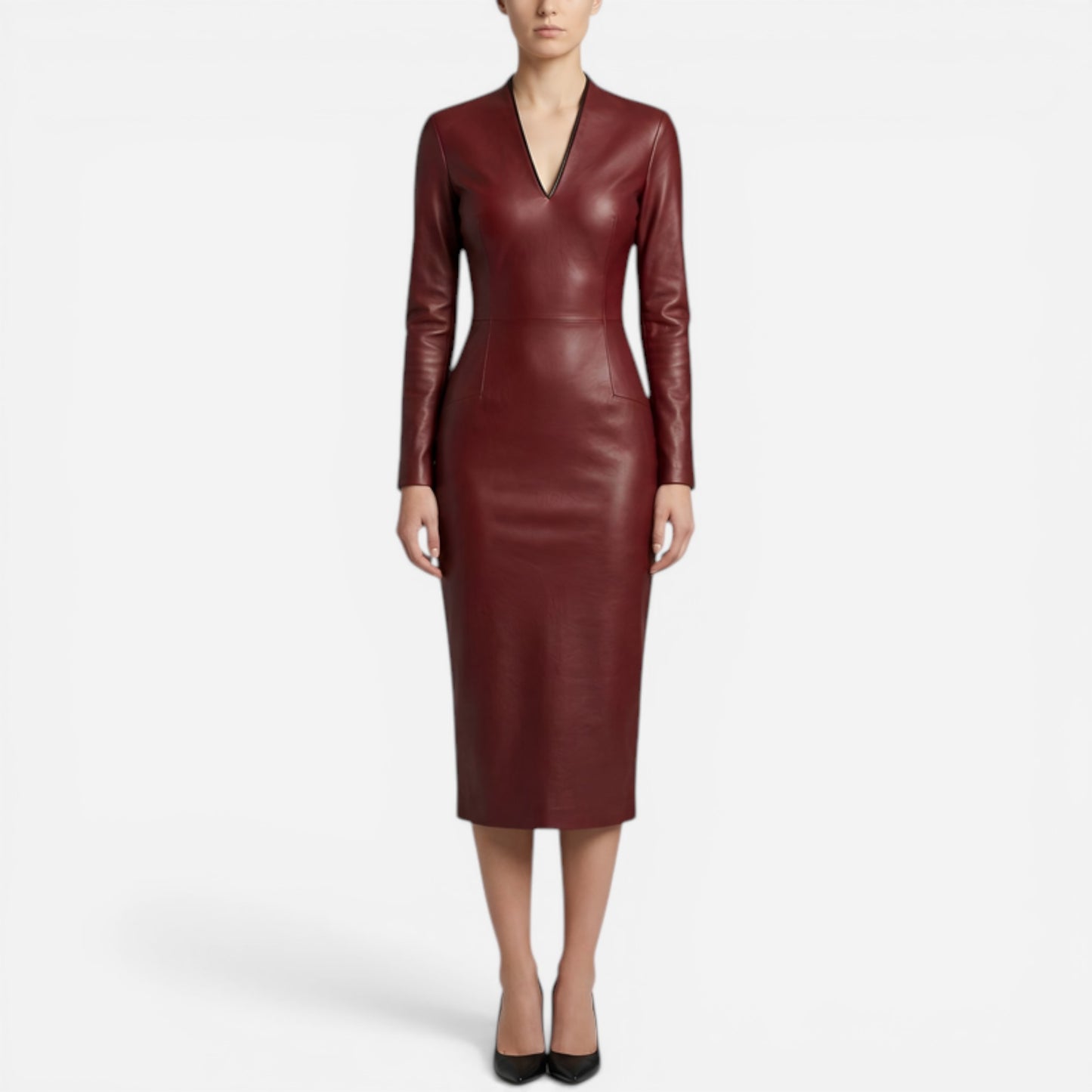 Robe Midi Femme Ajustée Effet Cuir, Col V, Manches Longues