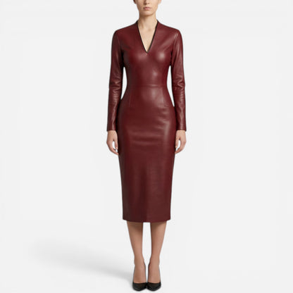 Robe Midi Femme Ajustée Effet Cuir, Col V, Manches Longues