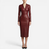 Robe Midi Femme Ajustée Effet Cuir, Col V, Manches Longues