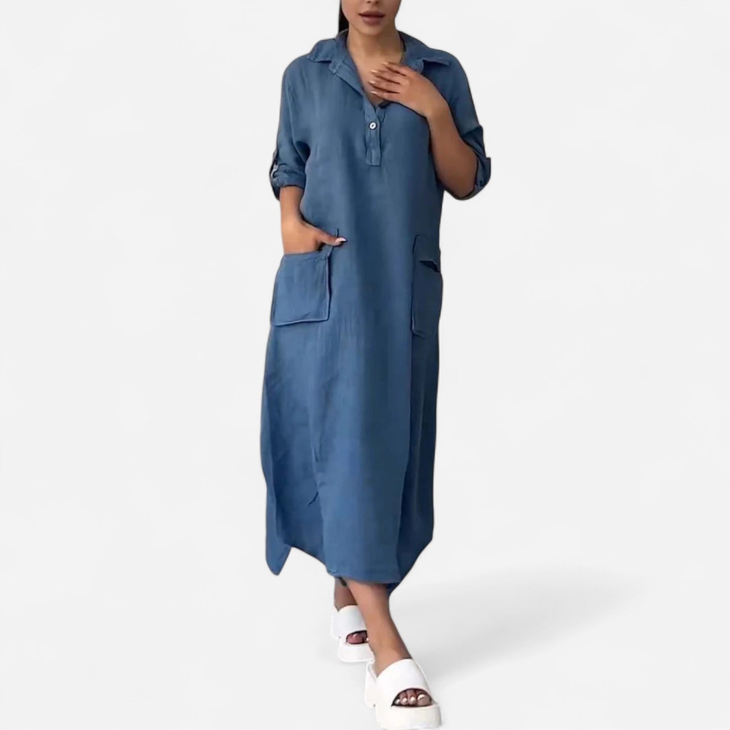 Leontine - Robe maxi en lin et coton avec revers élégant