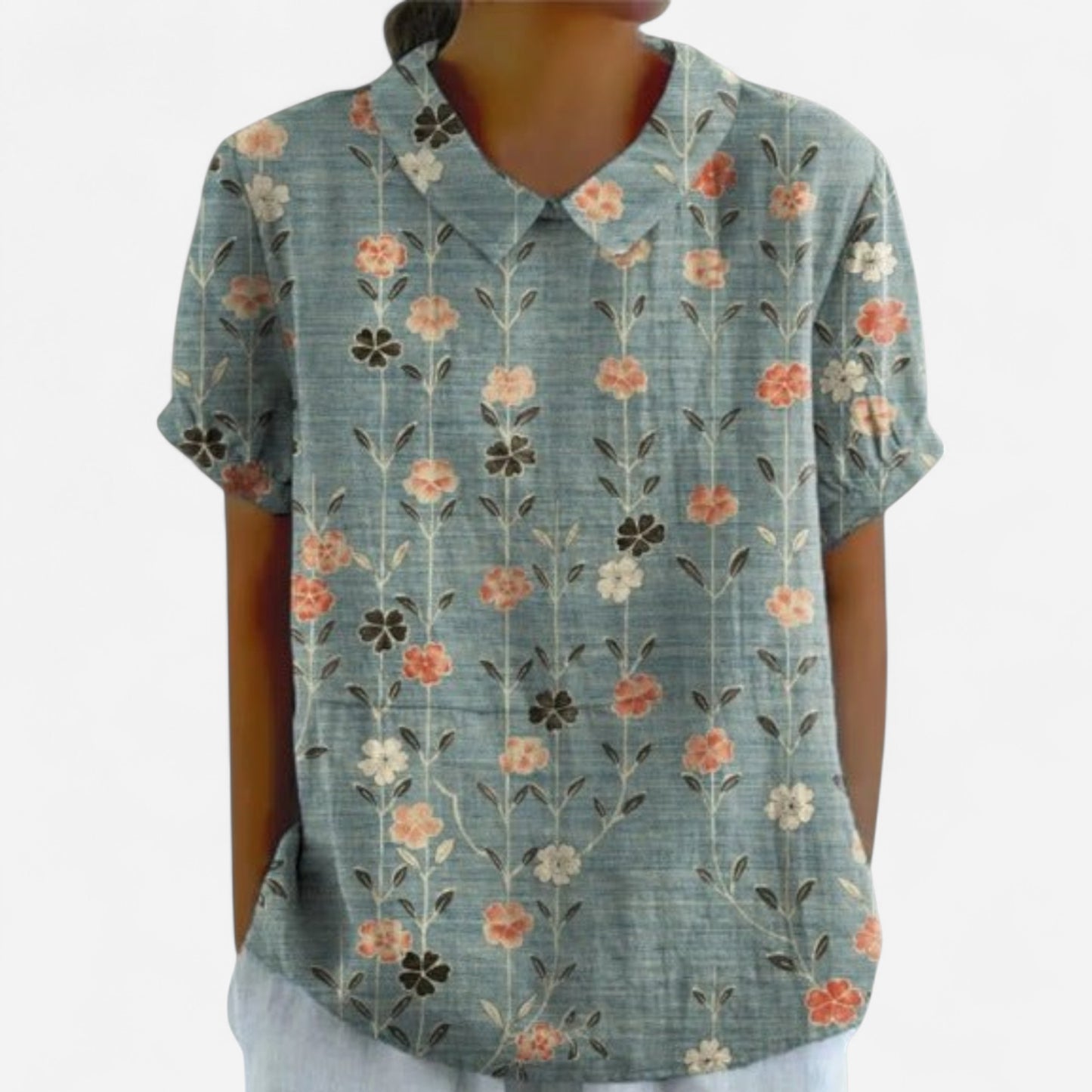 Blouse Florale - Manches Courtes, Col Peter Pan en Coton Léger