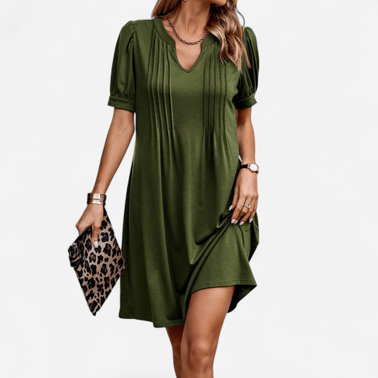 Kaitlyn - Robe T-shirt à col en V, manches bouffantes plissées