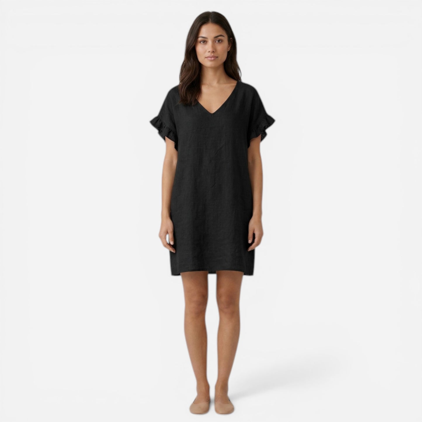Robe d'été en lin pour femme, V-col et manches courtes, décontractée