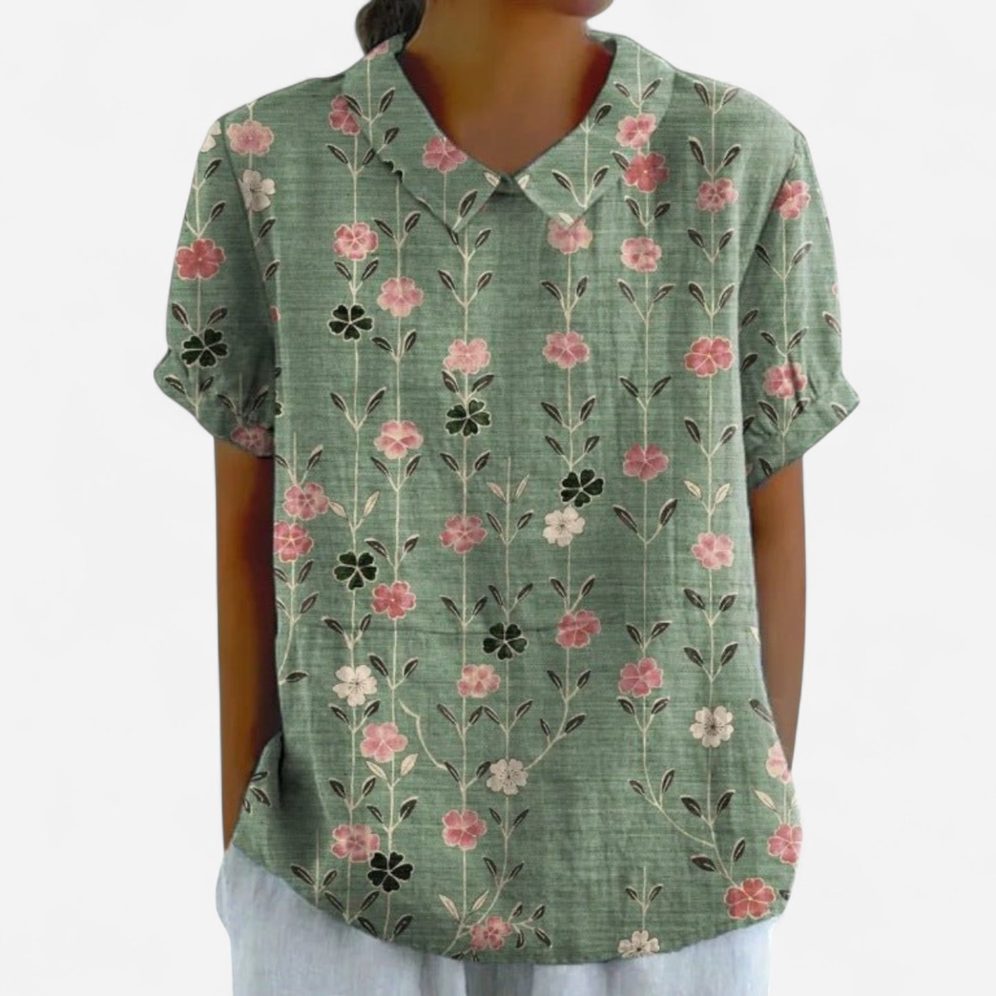 Blouse Florale - Manches Courtes, Col Peter Pan en Coton Léger