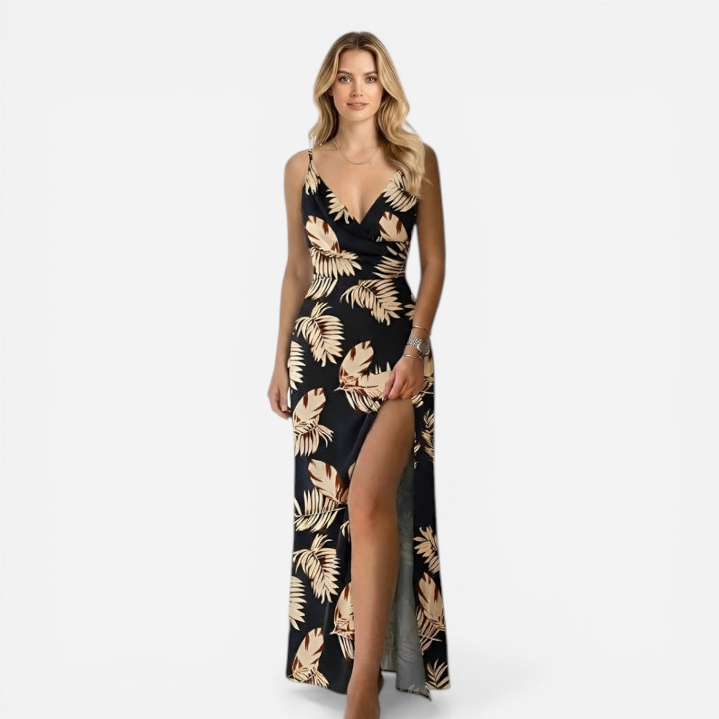 Robe longue élégante pour femme, décolleté en V, fente chic