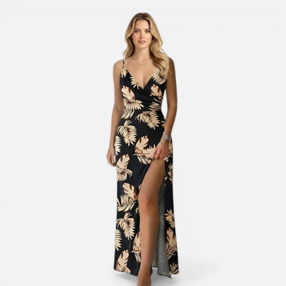 Robe longue élégante pour femme, décolleté en V, fente chic