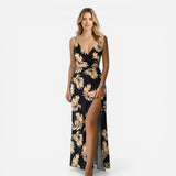 Robe longue élégante pour femme, décolleté en V, fente chic
