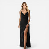Robe longue élégante pour femme, décolleté en V, fente chic