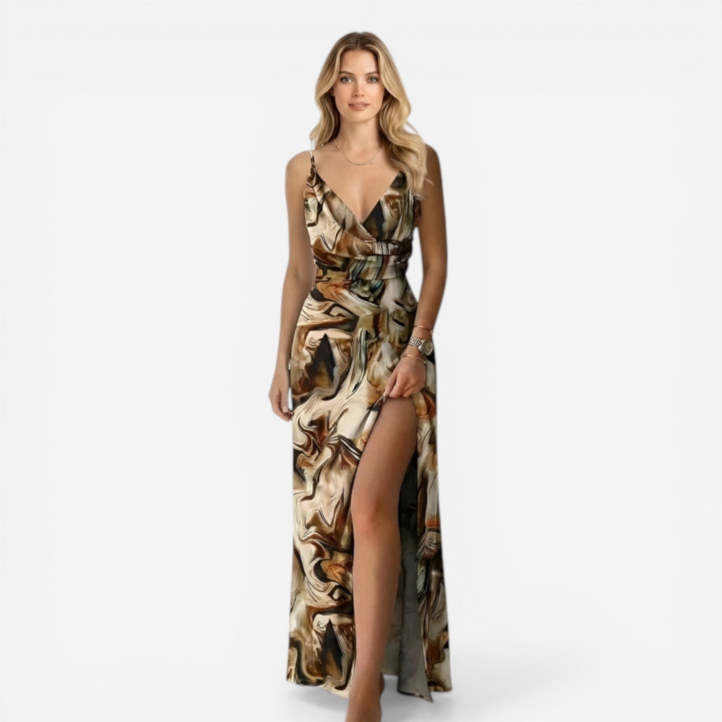 Robe longue élégante pour femme, décolleté en V, fente chic