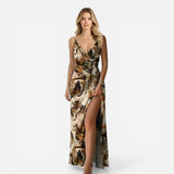 Robe longue élégante pour femme, décolleté en V, fente chic