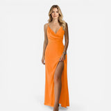 Robe longue élégante pour femme, décolleté en V, fente chic
