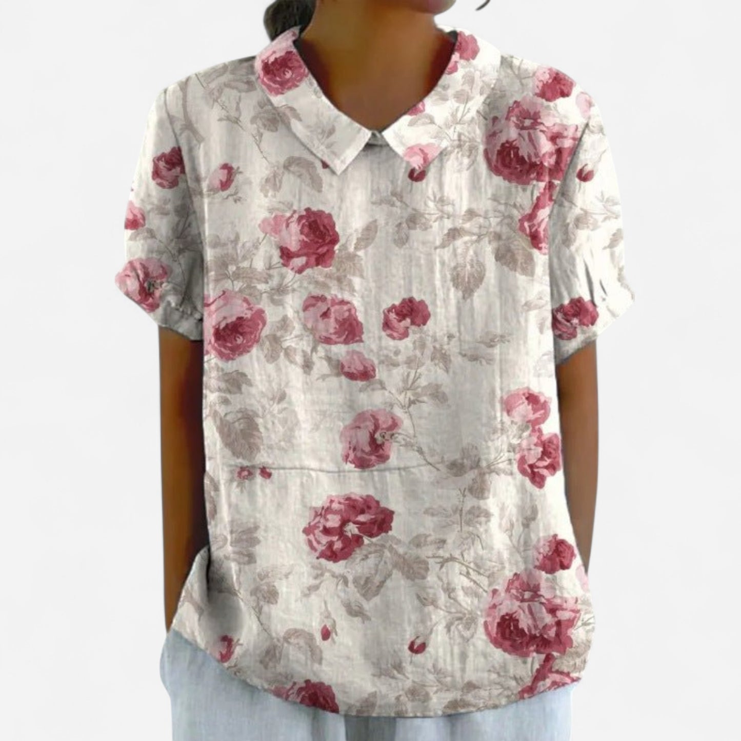 Blouse Florale - Manches Courtes, Col Peter Pan en Coton Léger