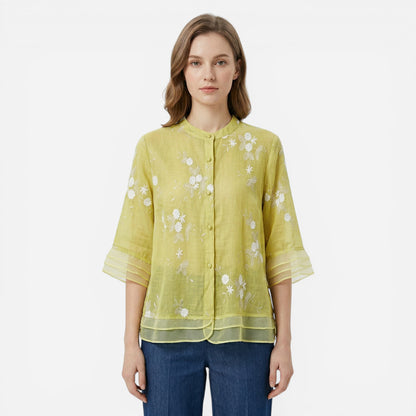 Blouse féminine douce avec broderie florale et col coréen élégant