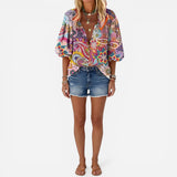 Blouse florale femme à boutons, manches longues, élégante et décontractée