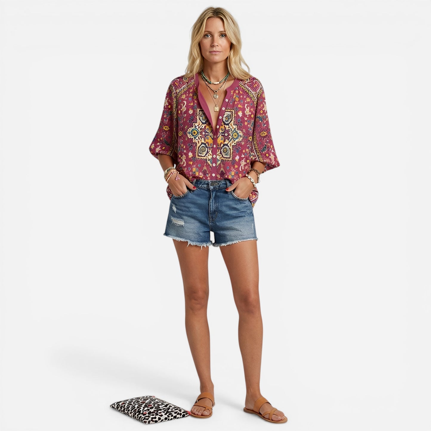 Blouse florale femme à boutons, manches longues, élégante et décontractée