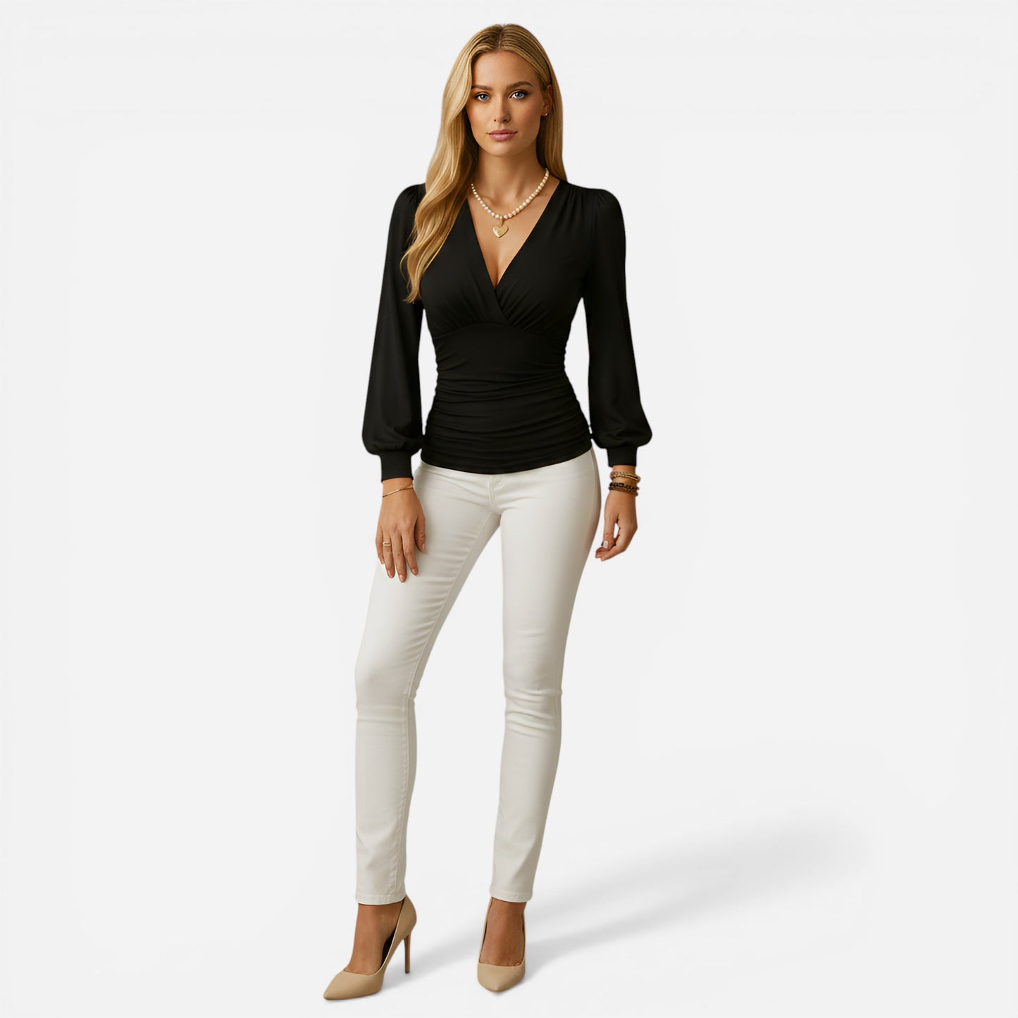 Top Femme V-col Long Manches Ajustée - Élégance et Confort