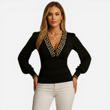 Top Femme V-col Long Manches Ajustée - Élégance et Confort