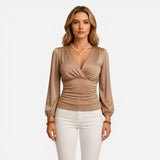 Top Femme V-col Long Manches Ajustée - Élégance et Confort