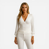 Top Femme V-col Long Manches Ajustée - Élégance et Confort