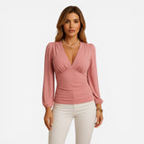 Top Femme V-col Long Manches Ajustée - Élégance et Confort