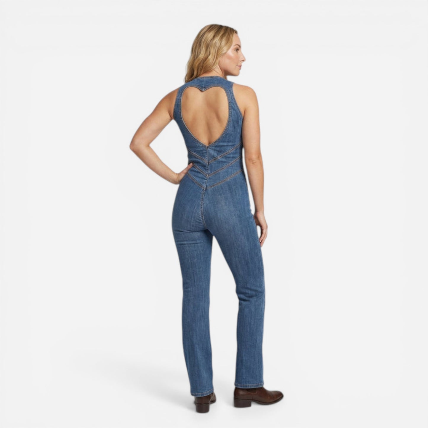 Robe en denim femme, dos cœur, sans manches, taille marquée, intégrale