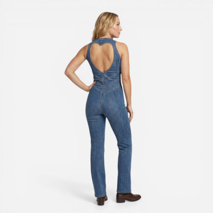 Robe en denim femme, dos cœur, sans manches, taille marquée, intégrale