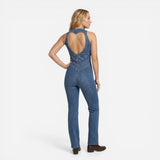 Robe en denim femme, dos cœur, sans manches, taille marquée, intégrale
