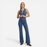 Robe en denim femme, dos cœur, sans manches, taille marquée, intégrale
