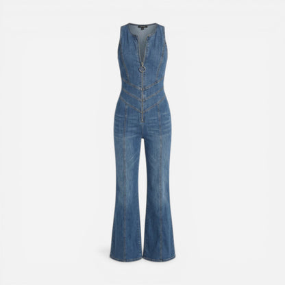Robe en denim femme, dos cœur, sans manches, taille marquée, intégrale