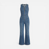 Robe en denim femme, dos cœur, sans manches, taille marquée, intégrale