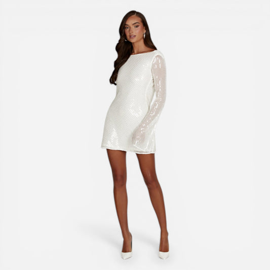 Robe courte élégante à sequins pour femmes, manches longues