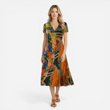 Robe midi femme à imprimé abstrait, manches courtes, décolleté V fluide
