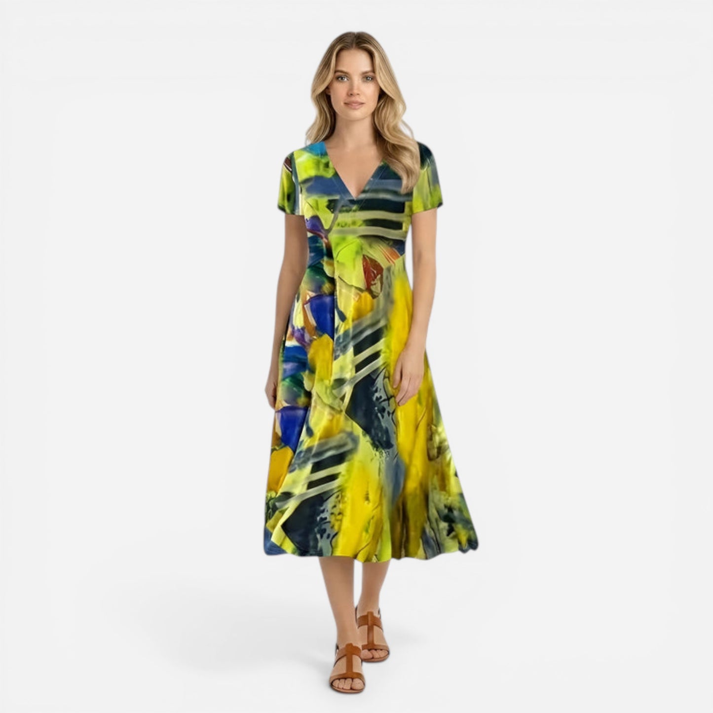 Robe midi femme à imprimé abstrait, manches courtes, décolleté V fluide