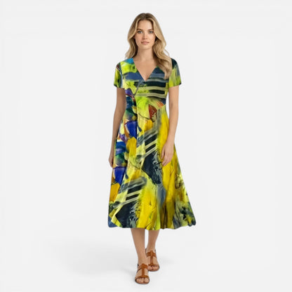 Robe midi femme à imprimé abstrait, manches courtes, décolleté V fluide