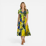 Robe midi femme à imprimé abstrait, manches courtes, décolleté V fluide