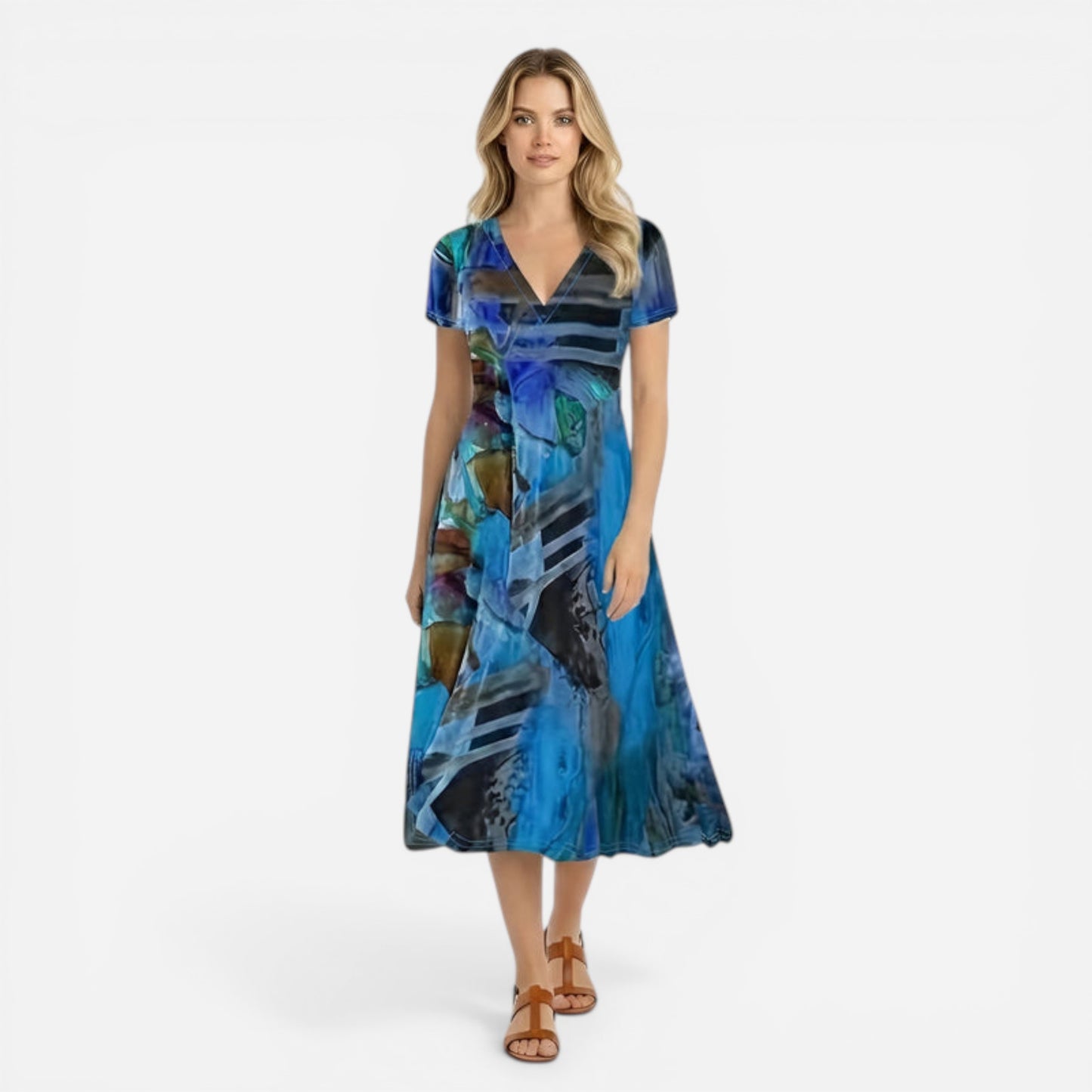 Robe midi femme à imprimé abstrait, manches courtes, décolleté V fluide
