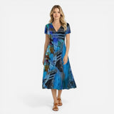 Robe midi femme à imprimé abstrait, manches courtes, décolleté V fluide