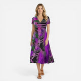 Robe midi femme à imprimé abstrait, manches courtes, décolleté V fluide