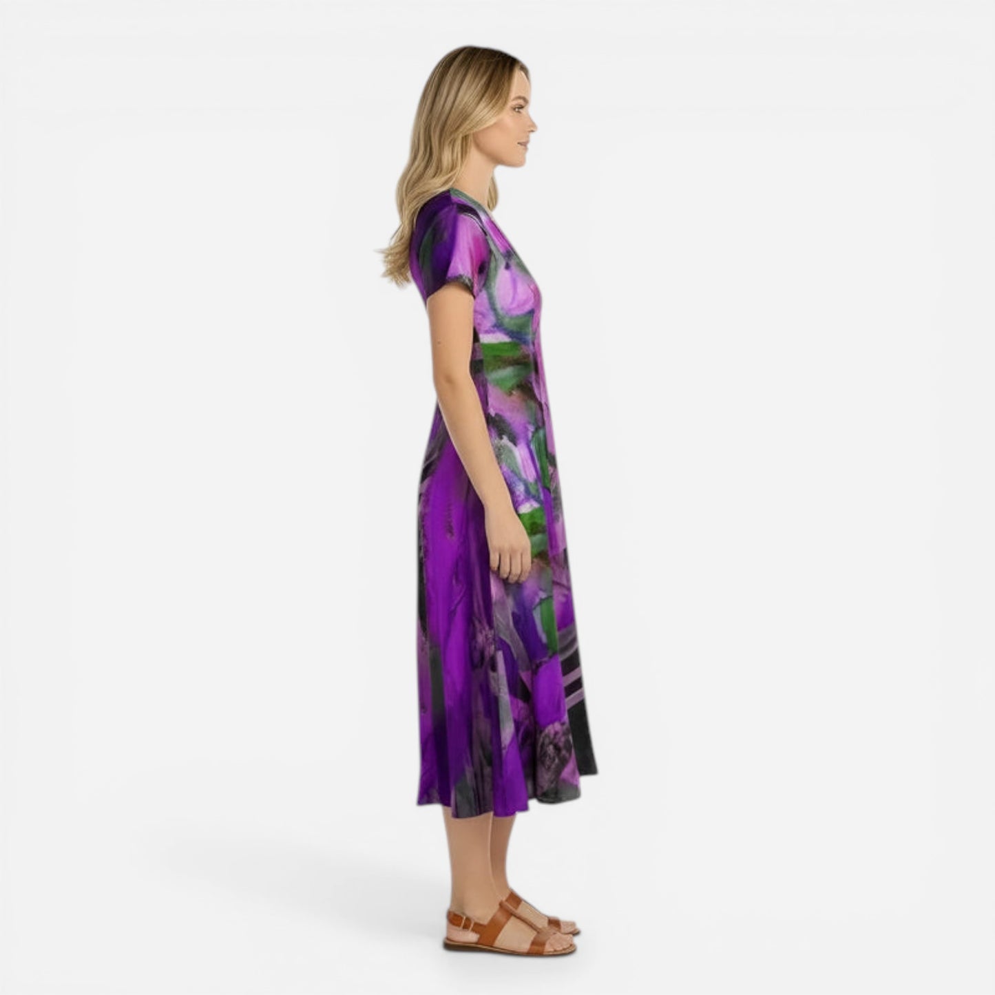 Robe midi femme à imprimé abstrait, manches courtes, décolleté V fluide