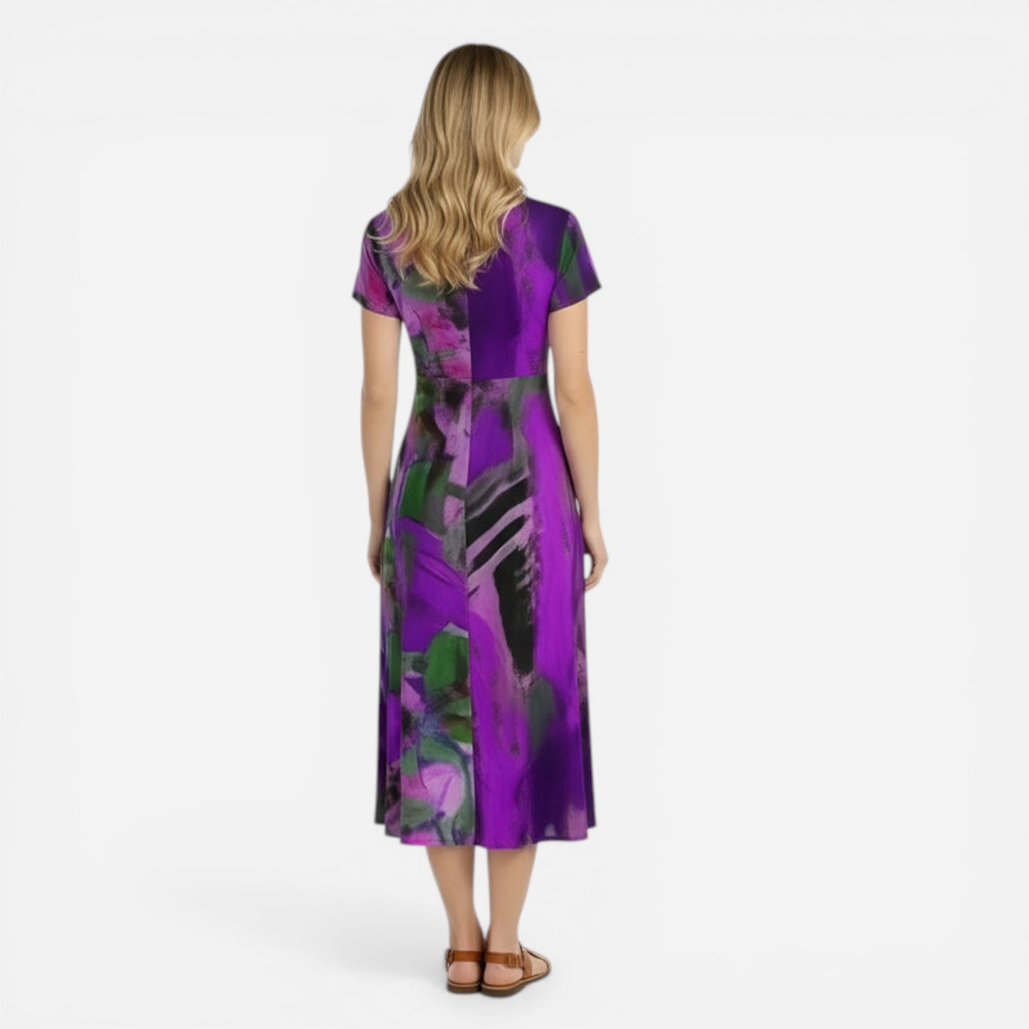 Robe midi femme à imprimé abstrait, manches courtes, décolleté V fluide