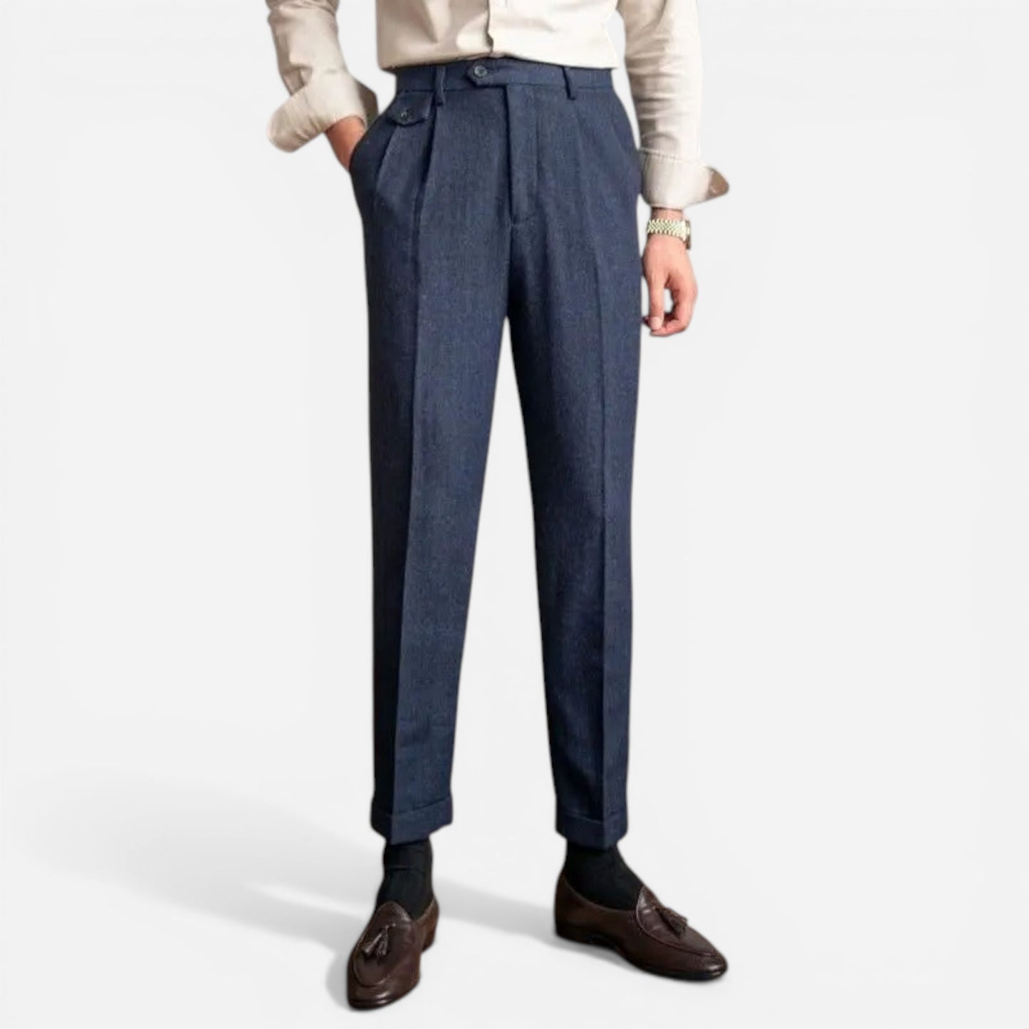 Pantalons élégants pour hommes taille haute, plis doubles, jambes droites