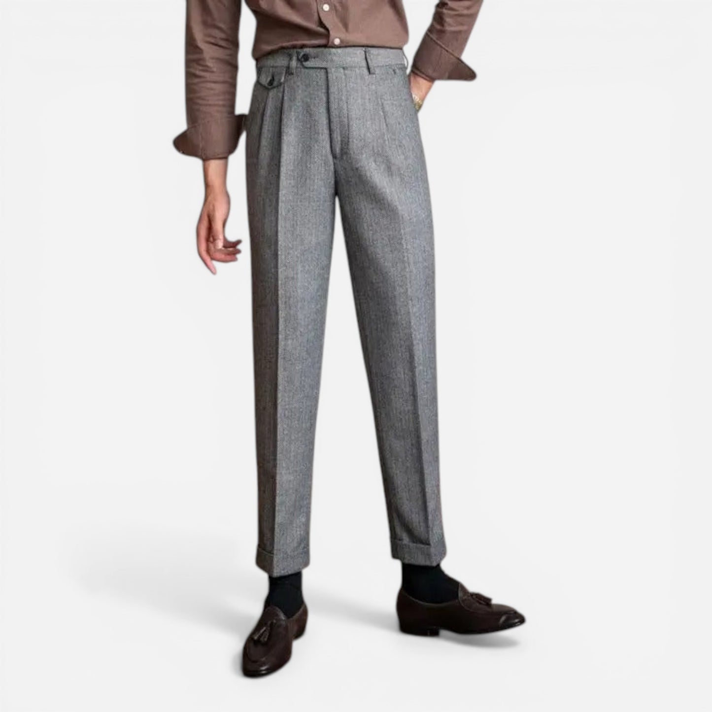 Pantalons élégants pour hommes taille haute, plis doubles, jambes droites